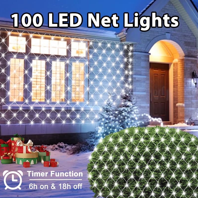 echosari Christmas Net Lights Battery Operated, 5 x 5Ft 100 LED Bush Lighting with Remote Timer Net Light Outdoor Mesh Lights for Garden Fence Tree Decor (Cool White) - Image 3